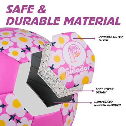 Picador Soccer Ball Size 4 Girls, Pink Flower Kids Soccer Ball for 6-8 8-12 Youth Children Teens Outdoors Sports Training Ball with Pump