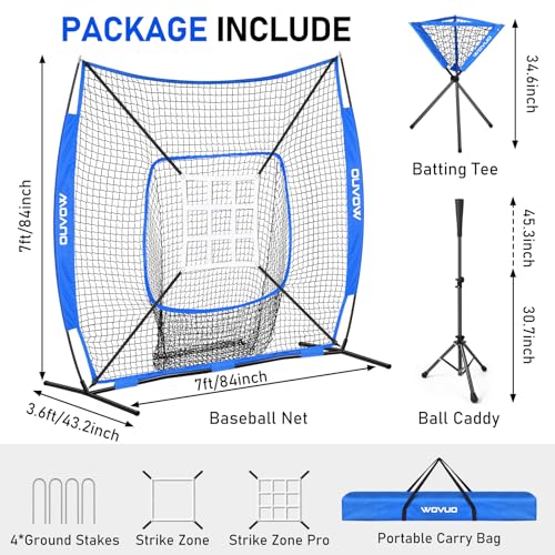 7x7 ft Baseball Net for Batting Pitching Hitting, Softball Pitching Net with Strike Zone, Tee, Ball Caddy, Softball Batting Net Baseball Training Equipment for Kids Adult Youth Sport Practice - color: Blue