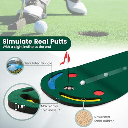 GYMAX Putting Green, 10 x 3 ft Par Three Putting Mat Set with 3 Putting Cups, 1 Flag and Golf Hole Covers, Putting Green Mat for Golf Training Practice Indoor/Outdoor, Garage, Backyard, Office