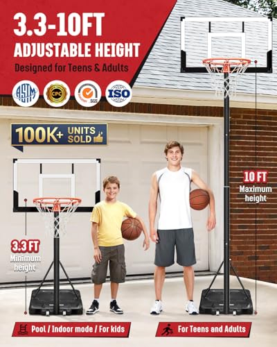 Seray Family Basketball Hoop Outdoor 3.3-10ft Adjustable, Safety Portable Basketball Hoop for Kids/Adults/Family in Poolside/Backyard/Indoor/Court, 40 in Shatterproof Backboard and Enlarged Base