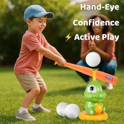 Pop-Up T-Ball Set, Green Dinosaur Tee with Bat and 3 Balls, Indoor Outdoor Baseball Training Toy for Kids Ages 3-8