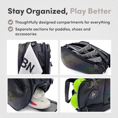 CRBN Pickleball - Pro Team Tour Pickleball Paddle Bag with Built-In Zip-Off Sling Bag - Padded Side Pockets for 6 Paddles, Shoes & More - color: Grey