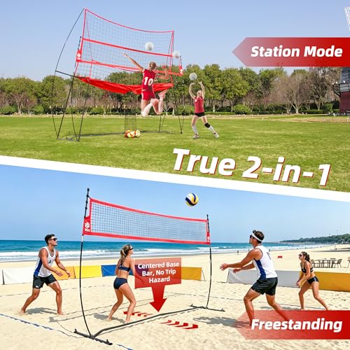 2-in-1 Volleyball Practice Net Station with Patented 5-Height (6'6'' to 8'), Heavy Duty Training System for Hitting Spiking Serving, Backyard Indoor Outdoor Trainer Equipment