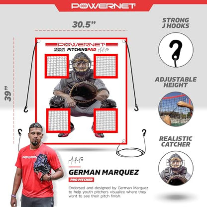 PowerNet Pitching Pad - 4 Pocket Softball Pitch Trainer with 7x7 FT Net, Realistic Catcher for Cages & Practice