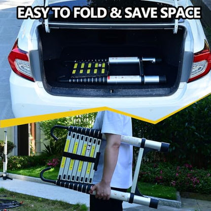 Telescoping Ladder, Aluminum Lightweight Extension Ladder with 2 Triangle Stabilizers, Heavy Duty 330lbs Max Capacity, Multi-Purpose Collapsible Ladder for RV or Outdoor Work (9.5 FT) - size: 9.5 FT
