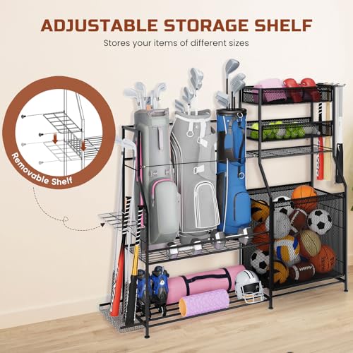 Garage Sports Equipment Organizer, 3 Golf Bag Organizer Stand Heavy-Duty Ball Storage Rack with Basket and Hooks, Ball Storage Cart for Toy Sports Gear Storage, Black