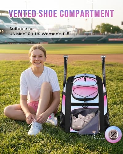 MATEIN Softball Bag, Lightweight Baseball Backpack with Shoe Compartment, Baseball Bag with Fence Hook for TBall Bat & Equipment, Softball Gifts Catchers Backpack for Women Fit Catcher’s Mitt, Helmet - color: Pink - Large