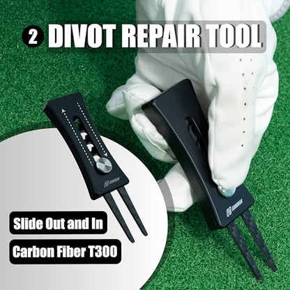 SANDIAN, All-in-1 Value Pak, Adjustable Golf Tee Height Setter with Divot Tool, Genuine Carbon Fiber Made Pitchfork, Super Lightweight, T800 Ball Marker, Hat Clip, Tees, Leather Holster, Zipper Case - color: Matte Black