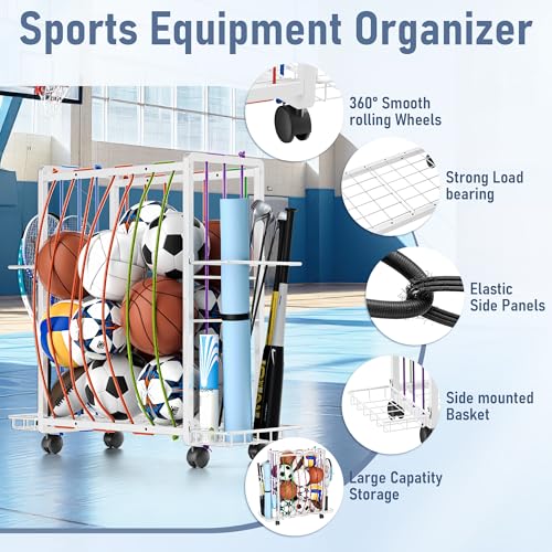 Rolling Sports Ball Storage Cart, Large Capacity Sports Equipment Organizer Garage Ball Organizer with Bat & Racket Holder, Heavy-Duty Sports Equipment Rack with Wheels for Garage Home & Gym (White)