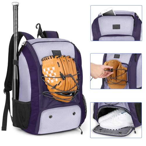 MATEIN Baseball Backpack, Softball Bat Bag with Shoes Compartment for Youth, Boys and Adult, Lightweight Baseball Bag with Fence Hook Hold TBall Bat, Batting Mitten, Helmet, Caps, Teeball Gear - color: Purple, size: 29L