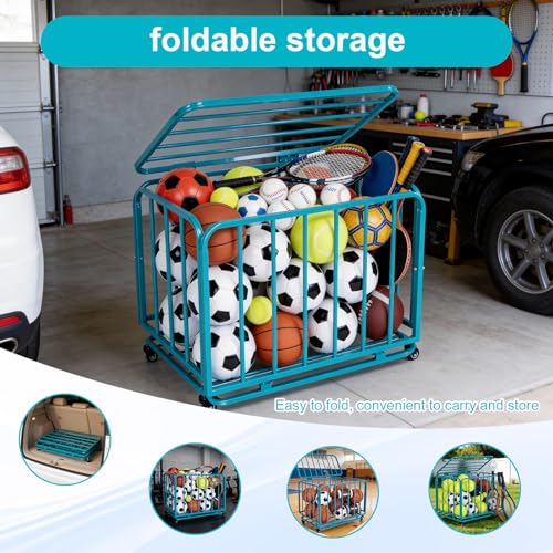 Folding Sports Equipment Organizer Storage Basket with Wheels and Lid Mobile Football Storage Basket for Garage Kindergarten