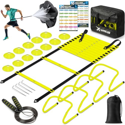 X-UMEUS Agility Ladder Speed Training Equipment Set-20ft Agility Ladder,12 Soccer Cones,4 Hurdles, Jump Rope, Running Parachute| Basketball Football Soccer Training Equipment for Kids Youth Adults - color: Optic Green