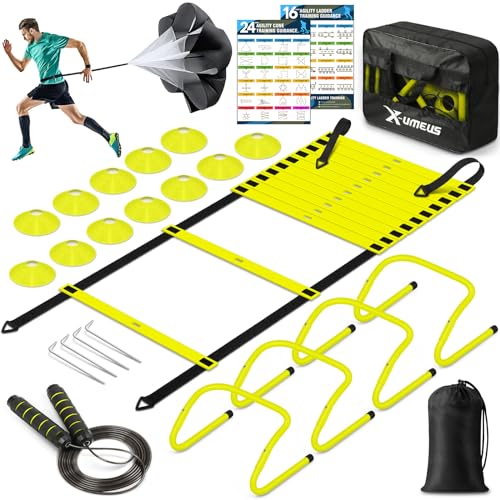 X-UMEUS Agility Ladder Speed Training Equipment Set-20ft Agility Ladder,12 Soccer Cones,4 Hurdles, Jump Rope, Running Parachute| Basketball Football Soccer Training Equipment for Kids Youth Adults - color: Optic Green