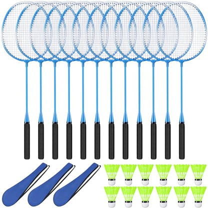 12 Pack Badminton Rackets Set Including Badminton Racquets, Nylon Shuttlecocks and Carry Bag for Outdoor Backyard Games Beginners - color: White-Blue Cross