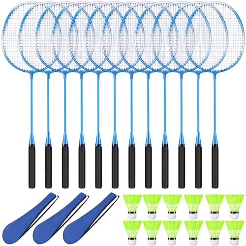 12 Pack Badminton Rackets Set Including Badminton Racquets, Nylon Shuttlecocks and Carry Bag for Outdoor Backyard Games Beginners - color: White-Blue Cross