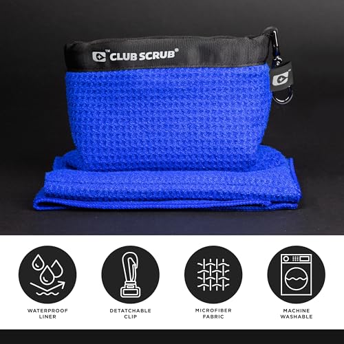 Club Scrub Towel Pro, Golf Club and Ball Cleaning Pouch with Attached Towel, Waterproof Exterior, Clean Face Technology Liner, Machine Washable, Cleans Club Grooves, Waffle-Weave Microfiber (Blue) - color: Blue