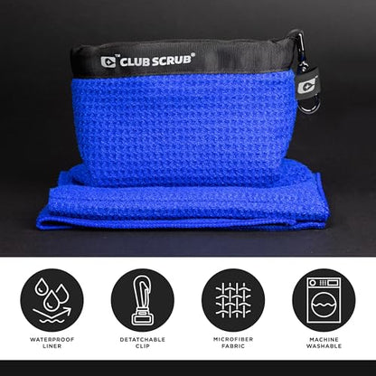 Club Scrub Towel Pro, Golf Club and Ball Cleaning Pouch with Attached Towel, Waterproof Exterior, Clean Face Technology Liner, Machine Washable, Cleans Club Grooves, Waffle-Weave Microfiber (Blue) - color: Blue