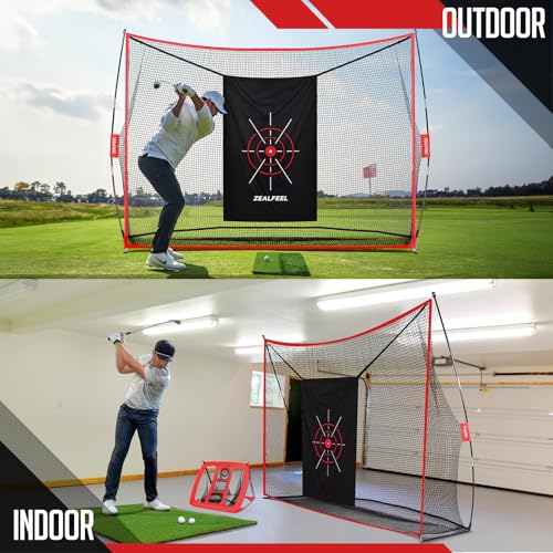ZEALFEEL Golf Net, 10x7ft Practice Net with Chipping Net, Foldable Mat, Silk Target, 8 Tees, 6 Balls, Carry Bag, Golf Hiting Nets for Backyard Driving Chipping Indoor Outdoor Use
