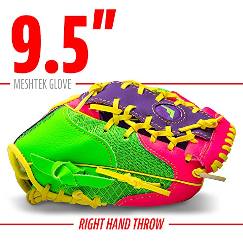 Franklin Sports Kids Baseball Glove + Foam Ball Sets - Meshtek Youth Teeball Gloves for Kids + Toddlers - Left + Right Hand Throw - 9.5" Inch - color: Purple/Pink/Yellow
