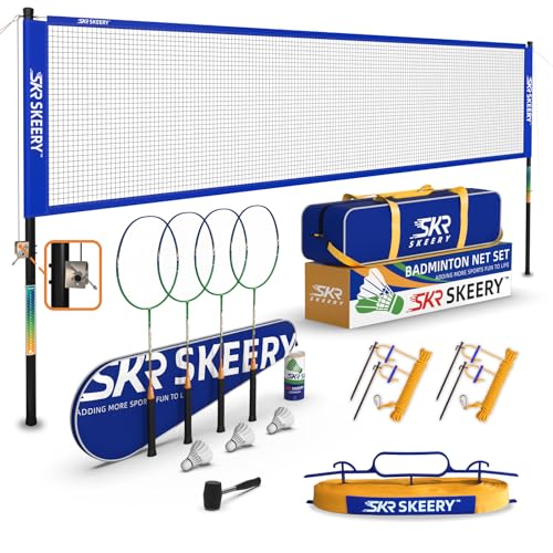 SKEERY Professional Badminton Set with Winch System,Portable Badminton Net includes Carbon Aluminum Badminton Rackets Set of 4,3 Shuttlecocks and Carrying Bag,Badminton Sets for Backyards,Beach - color: Blue