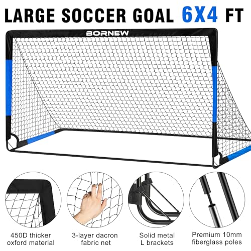 Kids Soccer Goal for Backyard Set - 2 Set of 7X5 / 6X4 ft Toddler Soccer Nets Training Equipment, Soccer Ball, Pop Up Portable Soccer Set for Kids and Youth Games and Training Goals Ages 3-16 Gift - color: 4.Black Blue, style: 6' x 4'
