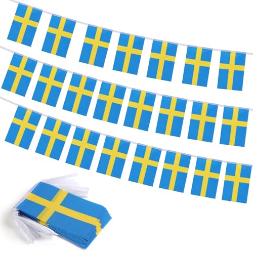 Sweden Flag Banner, Small Mini Swedish Flags Patriotic Decoration for Party, Classroom, Sports Events, 33 Feet 30 Flags - color: Sweden