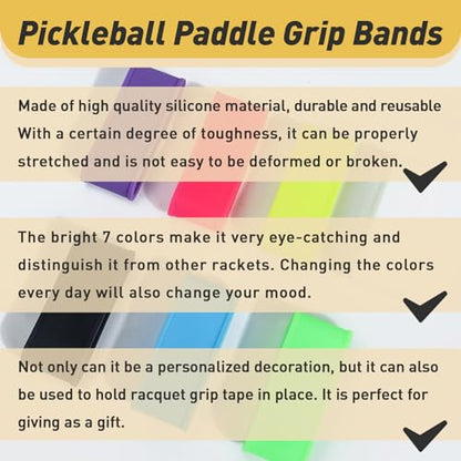20pcs Pickleball Paddle Grip Bands for Pickleball Lovers, Tennis Paddle Fixing Grip Tape with Silicone Ring Stretchy - 7 Color Tennis Racket Handle Rubber/Grip Finishing Ring
