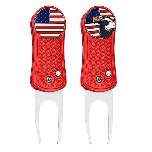 FINGER TEN Golf Divot Repair Tool and Ball Marker Switchblade Value Pack, Foldable Magnetic Stainless Steel with Pop-up Button for Men Women - color: B: 2 in Red