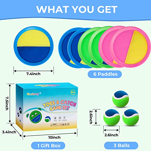 Weehoey Beach Games - Kids Toys - Outdoor Games for Kids, Toss and Catch Ball Set with 6 Paddles 3 Balls, Toys for 3 4 5 6 7 8+ Year Old Boys Girls Christmas Birthday Gifts - color: Blue+green+pink