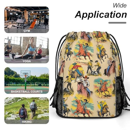 Western Drawstring Backpack Gym Bag With Shoe Compartment String Bag Sport Beach Swimming Sackpack For Women Men - color: Western