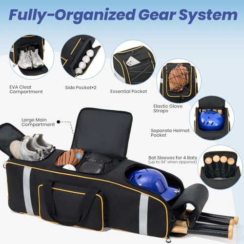 81L Rolling Baseball Bag with Wheels, Softball Catchers Gear Bags for 4 Bats (Fits Up To 34"), Separate Shoe Compartment, Safety Reflective Strip, Fence Hook, Foldable T-Bag for Youth & Adult - color: Black