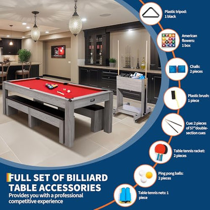 Garvee 7FT 3-in-1 Pool Table with Dining Top & Table Tennis, Multi Game Billiard Table Set with HDF Wood Grain Finish, Includes Cues, Balls, Ping Pong Paddles and Rolling Storage Caddy - color: Red
