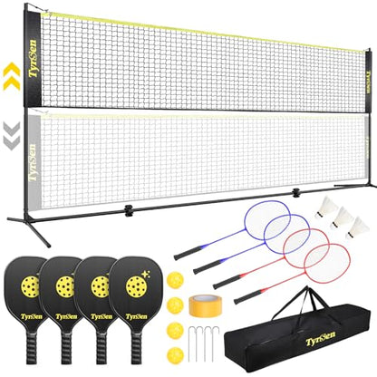 Portable Pickleball Badminton Net Set, 17FT Adjustable Heights All-in-One Net w/4 Pickleball Paddles 4 Badminton Rackets, Freestanding Pickleball Badminton Net for Backyard Driveway - style: Black Pickleball Paddles