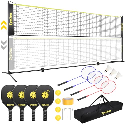 Portable Pickleball Badminton Net Set, 17FT Adjustable Heights All-in-One Net w/4 Pickleball Paddles 4 Badminton Rackets, Freestanding Pickleball Badminton Net for Backyard Driveway - style: Black Pickleball Paddles