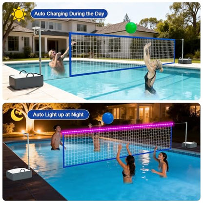Pool Volleyball Net Set with Bright LED Lights, Solar Volleyball Net with 15-32FT Adjustable Length for Inground Pools, Water Volleyball Net with 2 Balls & Pump for Swimming Pool Party & Games