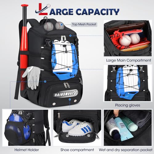 RAINSMORE Baseball Bag for Youth & Adult Lightweight Softball Bat Bag with Shoe Compartment, External Helmet Holder and Fence Hook Waterproof Baseball Backpack Hold T-Ball, Bat and Softball Equipment - color: Black