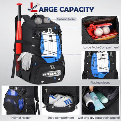 RAINSMORE Baseball Bag for Youth & Adult Lightweight Softball Bat Bag with Shoe Compartment, External Helmet Holder and Fence Hook Waterproof Baseball Backpack Hold T-Ball, Bat and Softball Equipment - color: Black