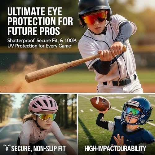 Kids Baseball Sunglasses - Youth Baseball Sunglasses for Boys Girls - Sports Softball Shades Age 6-14 - color: B3 Blue / Green Mirror