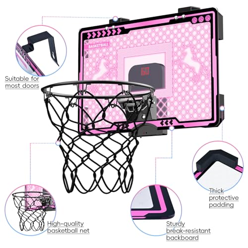 Indoor Basketball Hoop with Electronic Scoreboard and LED Light, Pink Over The Door Basketball Toy, for Kids Aged 4, 5, 6, 7, 8+Years Old