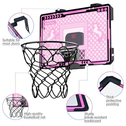Indoor Basketball Hoop with Electronic Scoreboard and LED Light, Pink Over The Door Basketball Toy, for Kids Aged 4, 5, 6, 7, 8+Years Old