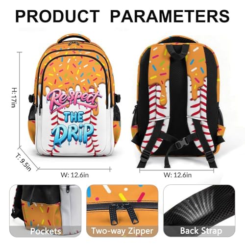 Kids Baseball Drip Backpack for Students, 17 Inch Cool Bookbag for Teenagers Elementary Middle College Students Picnic - color: Orange