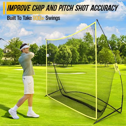 Golf Net, 10x7ft Golf Practice Net with Noise Reduce Silk Target Driving Real Balls, Hitting Nets for Backyard Garage, Improve Chipping Putting Pitching,Gift for Men & Golfers - color: Yellow