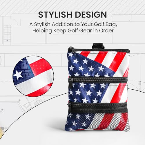 Amy Sport Golf Bag Accessories Valuables Pouch Bags Multi Pocket Zipper Hook with 10 Pcs Wood Golf Tees for Men Women - color: USA Flag