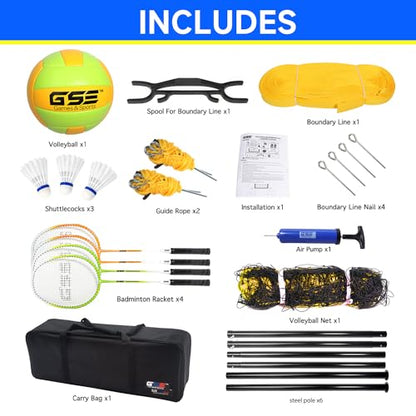 GSE Games & Sports Expert Outdoor Badminton and Volleyball Combo Set, Yard Net Game Set with Ball, Pump, Boundary Line and Carry Bag for Backyard, Beach, Lawn and Park, Family Games - color: Professional Badminton/Volleyball Set