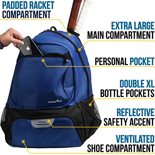 Athletico Premier Tennis Backpack - Tennis Bag Holds 2 Rackets in Padded Compartment | Separate Ventilated Shoe Compartment | Tennis Bags for Men or Women - color: Blue
