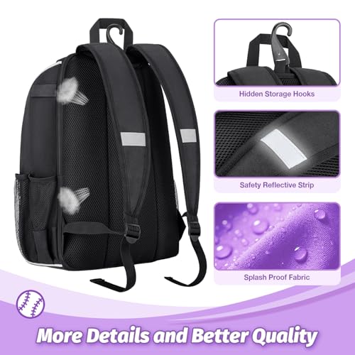 Youth Baseball Bag - Baseball Backpack Bat & Glove Holder, T-Ball & Softball Equipment & Gear,Large Main Compartment for Helmet & accessories, Fence Hook，Insulation Pocket - color: purple