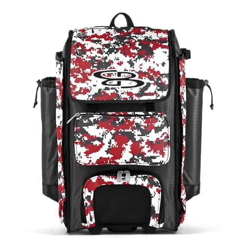 Boombah Catchers Superpack Hybrid Rolling Digital Camo Bat Bag - Multiple Colors - Wheeled & Backpack Version - color: Charcoal/Red_C23