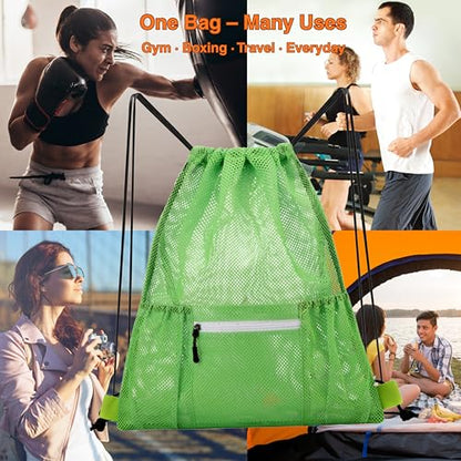 Mesh Sports Drawstring Bag, Large Breathable Gym Sack for Boxing Gloves, Boxing Equipment, Shoes & Training Gear, Lightweight & Durable (Green) - color: Green