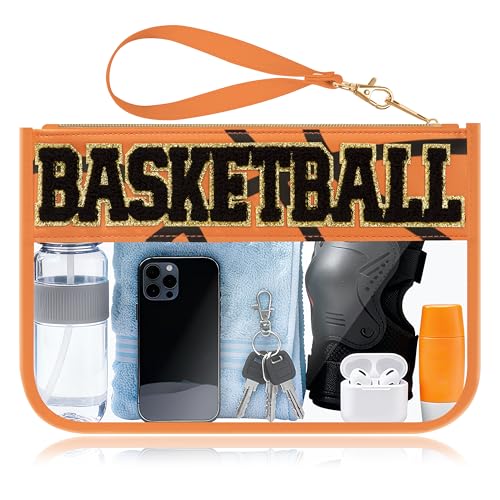BuyCard Basketball Gifts Makeup Bag with Chenille Letter Patch, Clear Cosmetic Pouch PVC Organizer Purse, Waterproof Travel Bag, Portable Toiletry Storage Bag for Her Friends - color: Orange-Basketball