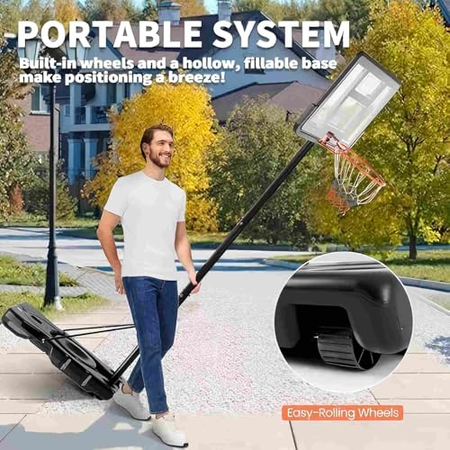 DUMOS 10FT Adjustable Height Portable Basketball Hoop Outdoor for Adult, 44 Inch Shatterproof Backboard w/Shock Absorbent Rim, Fillable Base, 2 Wheels for Swimming Pool/Indoor